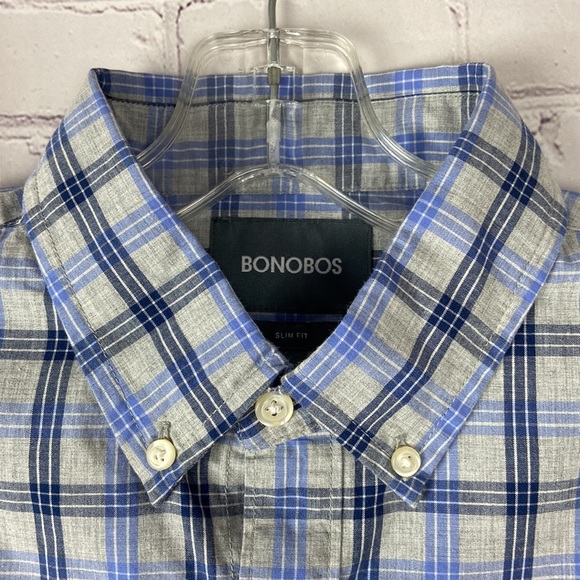 Bonobos Men's Slim-Fit Gray and Blue Plaid Button Down Long Sleeve Shirt. Sz: S - Picture 3 of 9